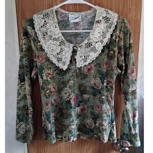 VNTG 90s FR Sport Floral Lace Collar Top Romantic Grunge Cottage Y2K Small